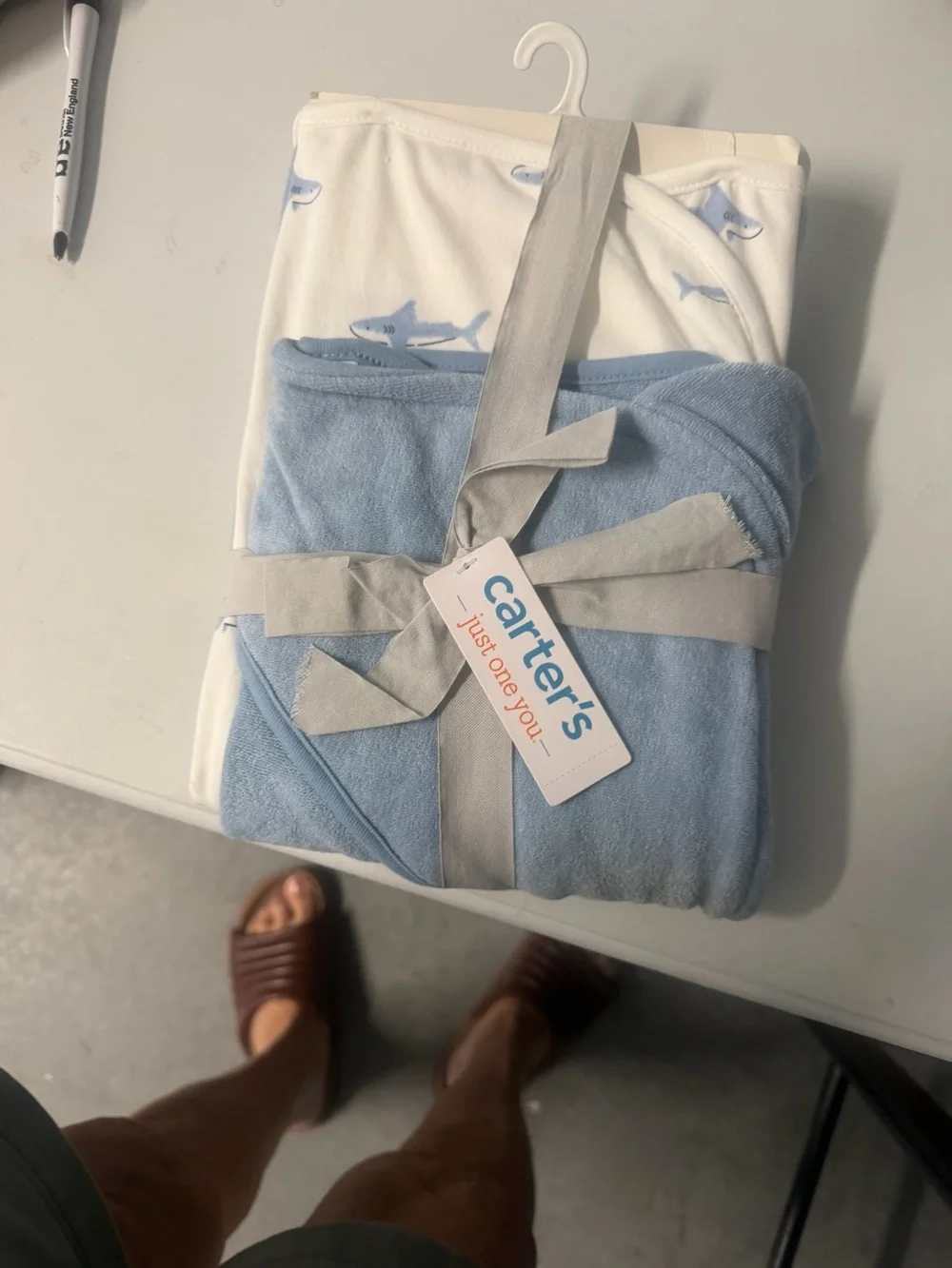 Carter's Baby Hooded Towel & Washcloth Set - Blue and White nwt